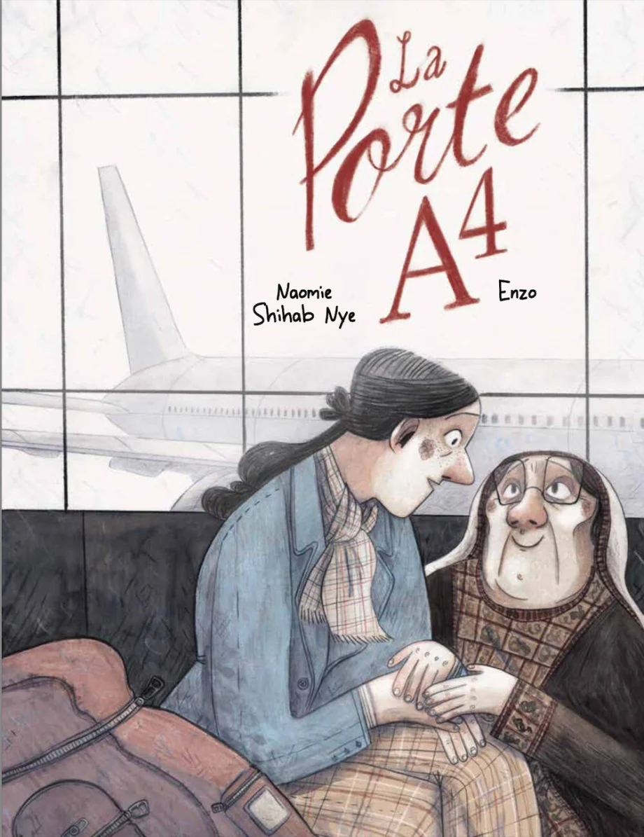 Couverture du livre La Porte A-4, présentant une illustration de deux femmes dans un aéroport avec un avion en arrière plan